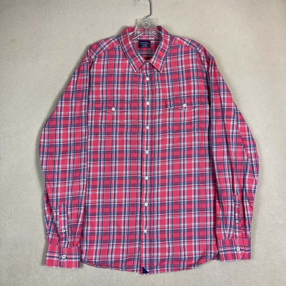 UNTUCKit Shirt‎ Mens XXL Red Plaid Long Sleeve Pockets Button Up Regular Fit